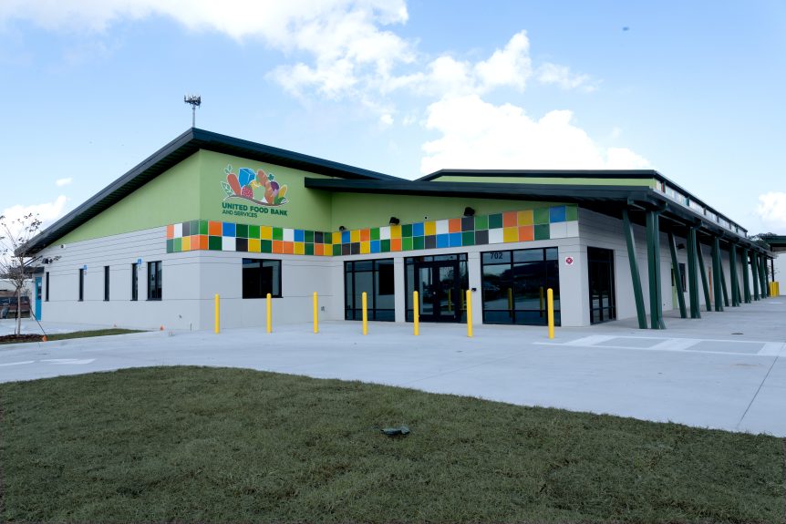 United Food Bank & Services entrance — welcoming entry designed for dignity and clear wayfinding